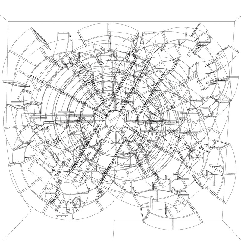 An overlay of six line drawings based on six possible configurations of a series of curved interlocking pieces of furniture.