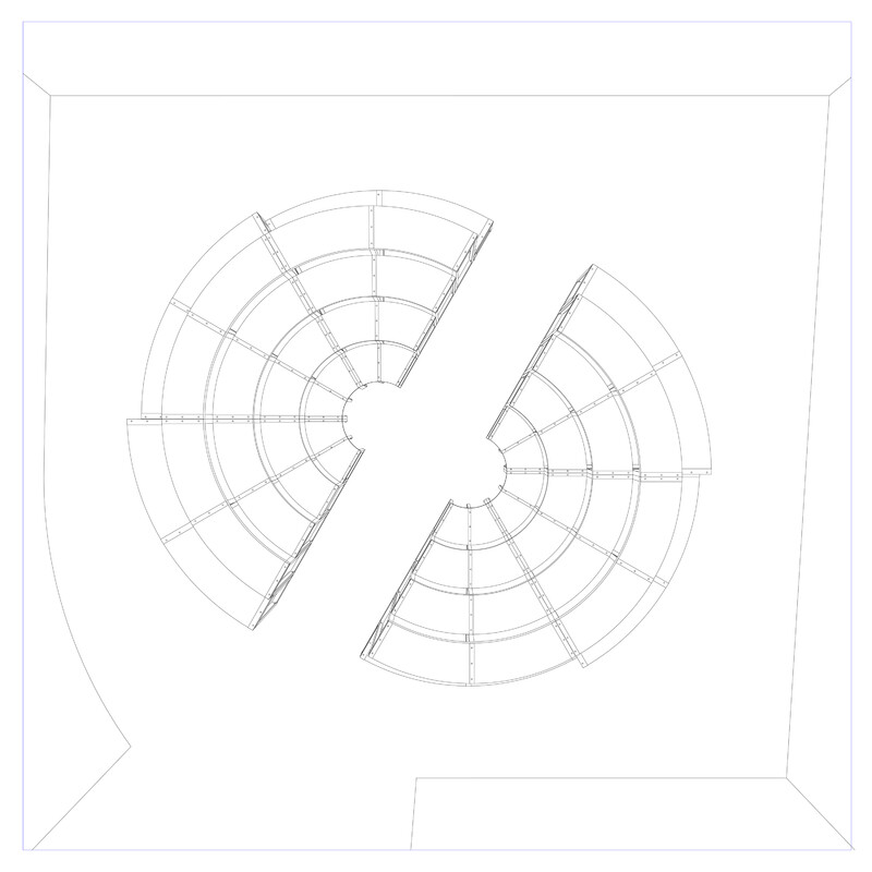 A line drawing on white background of a configuration of furniture, resembling two semi-circular amphitheatures facing each other.
