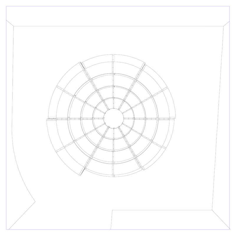 A line drawing on white background of a configuration of furniture, resembling a full circular amphitheatre.