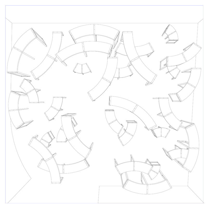 A line drawing on white background of a configuration of furniture in which curved pieces of furniture are scattered throughout the space, sometimes overlapping.