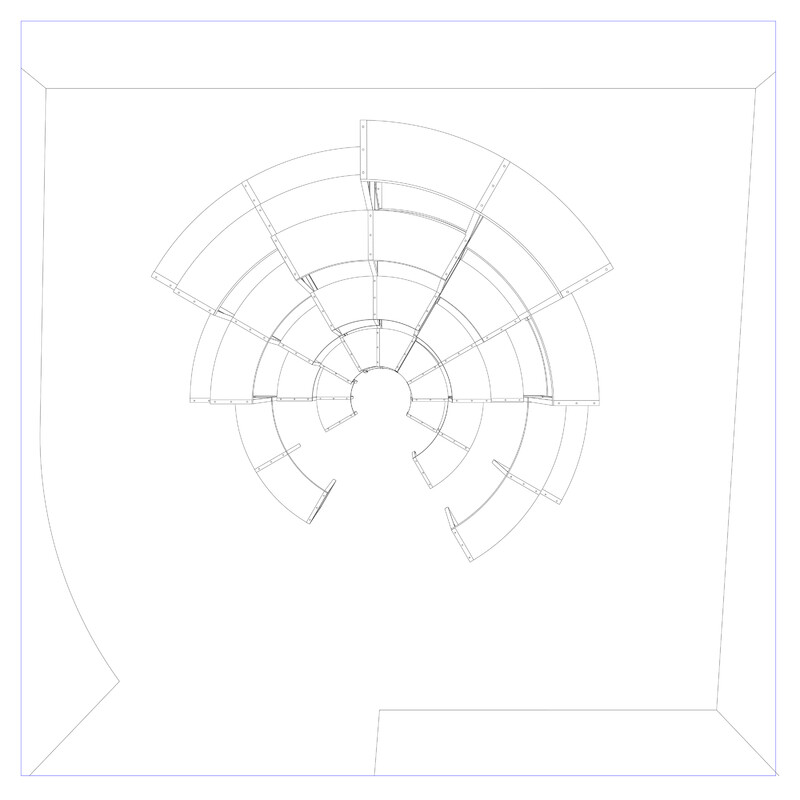 A drawing of a configuration of furniture, which resembles a multi-teared semi-circular amphitheatre.