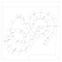 A line drawing on white background of a configuration of furniture where curved tables and benches are attached in an interlocking form resembling a figure-eight.