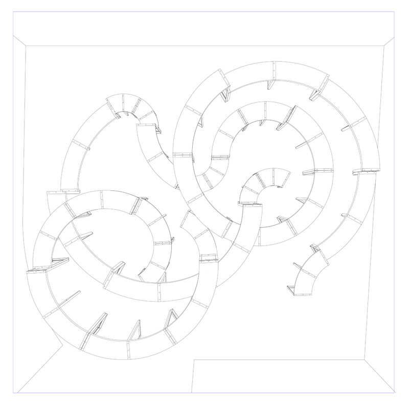 A line drawing on white background of a configuration of furniture where curved tables and benches are attached in an interlocking form resembling a figure-eight.