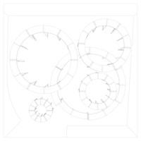 A line drawing on white background of a configuration of furniture, where curved pieces are oriented to create five circles of different sizes, some overlapping each other.