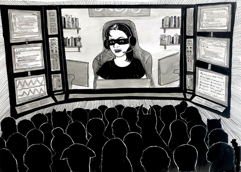 In a black-and-white pen-and-ink illustration, Esra’a Al Shafei is seen on a screen in front of an audience, as if in a cinema. She sits in an office, with three computer monitors in the foreground, and is seen mid-speech. She wears a black, bandit-like covering across her eyes, and wears a wireless headset. Stylized monitors with data and code onscreen flank her on both sides. In the foreground, the audience is seen in silhouette, with the outlines of both humans and animals.