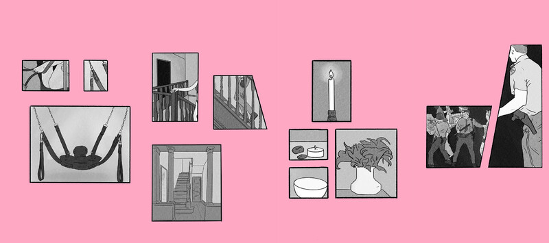Black and white illustrations within assorted geometric-shaped frames on a pink background. From left to right, the illustrations depict an unfolding narrative that begins with close-up scenes of a sex swing; moves through details of the Pussy Palace interior and decor elements like doors, stairs, hallways, candles, a plant, and small rocks; and concludes with a images of a police raid.