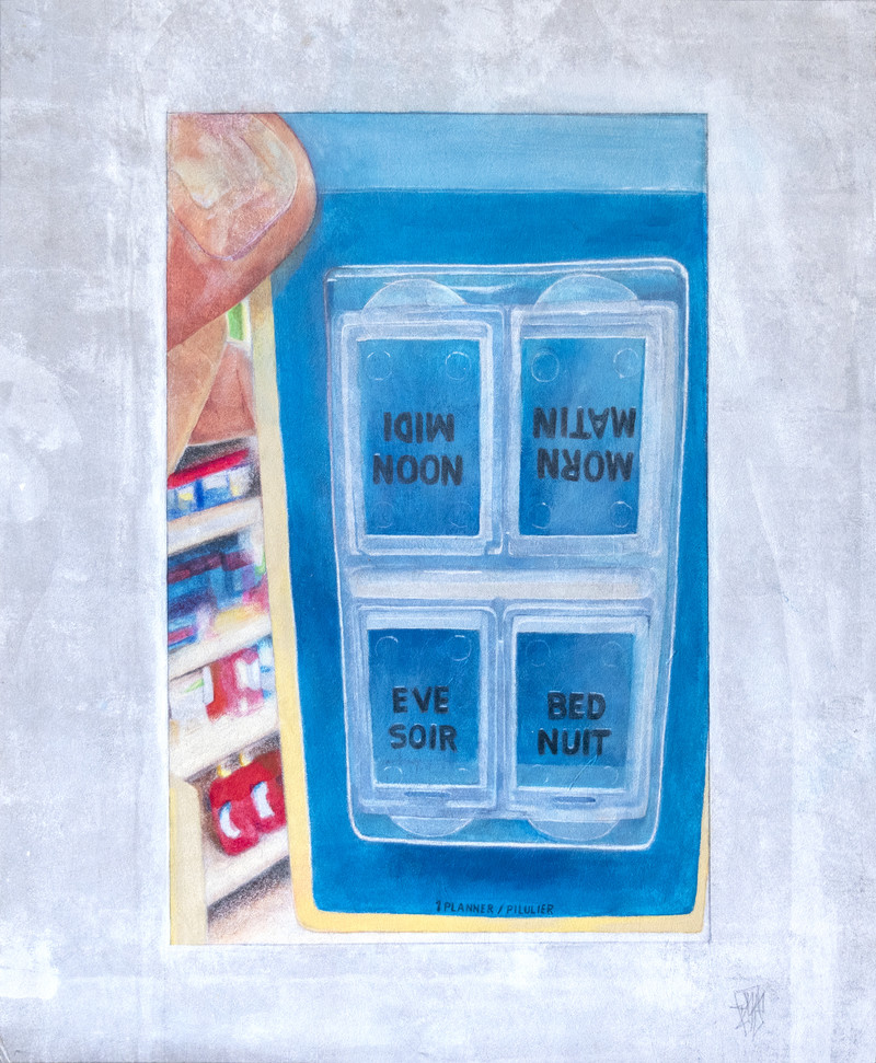 The painting presents tightly cropped view of a packaged pill dispenser held between a forefinger and thumb and framed by a gray border.