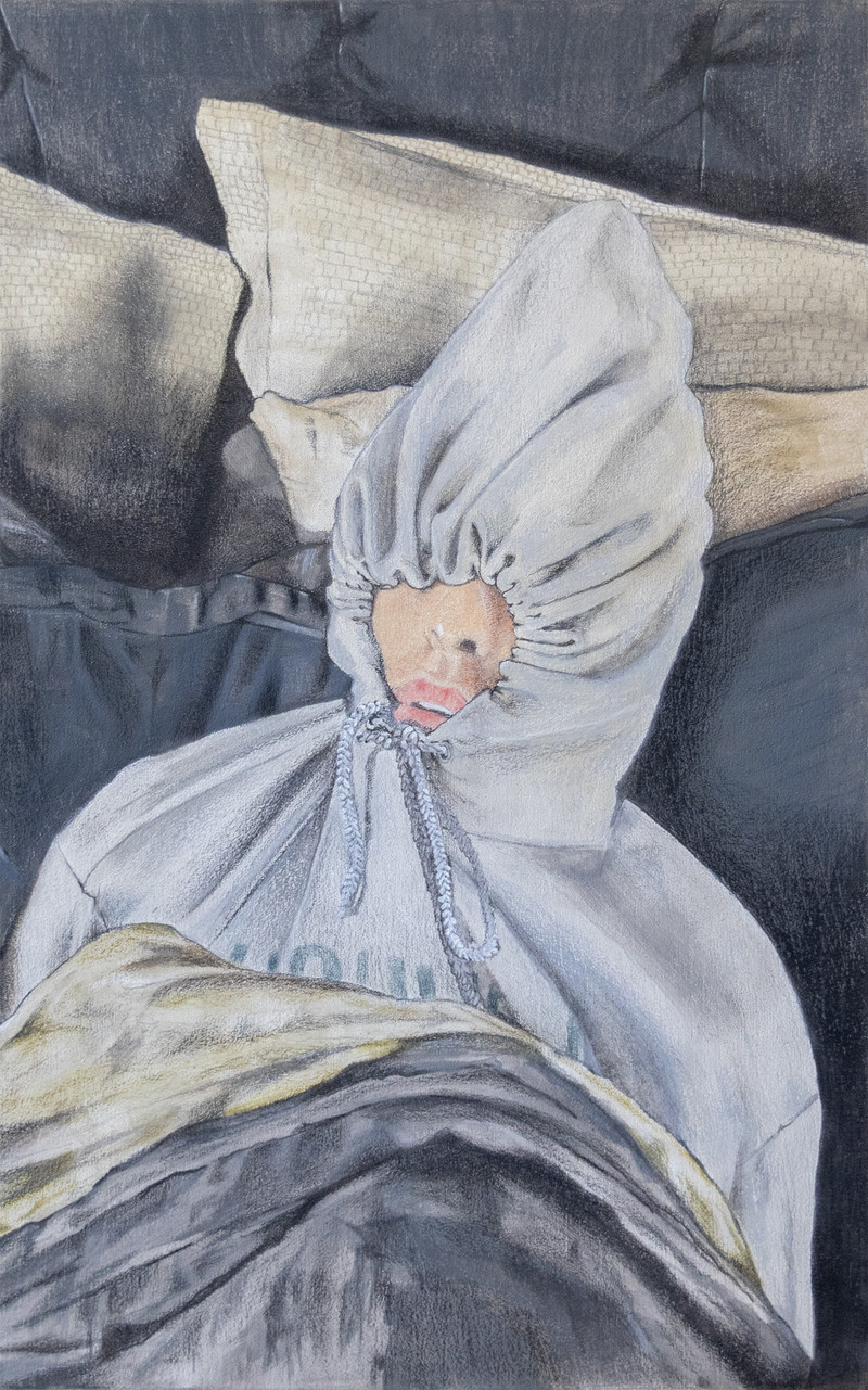 The painting presents an overhead view of a person in a grey hoodie sleeping on a bed. The hoodie drawstrings are pulled tightly and tied at the person’s chin, obscuring their eyes. A black blanket is pulled up just below their shoulders. The painting’s surface is finely textured, giving the image a grainy quality.