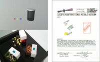 A diptych composed of right: a completed manuscript by three participants, and left: the rendering of a pill bottle and three colours of pills (labeled in the manuscript Civil rights, Transatlantic slave trade, and Rock & Roll), and an image of the realized designed prototype.  